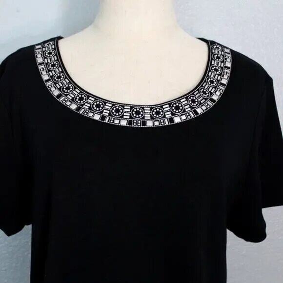 Karen Scott Black Embellished Short Sleeve Cotton Top Size L - Picture 4 of 9